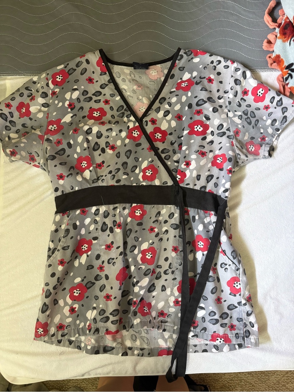 Grey Floral Scrub Top with Red Flower Print